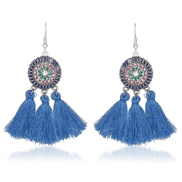 n/a Jewelry - Rhinestone Sunflower Yarn Tassel Drop Earrings